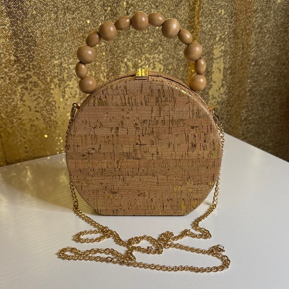 Handbags - Tan Round Cork Crossbody with a wooden beaded top handle and gold tone chain